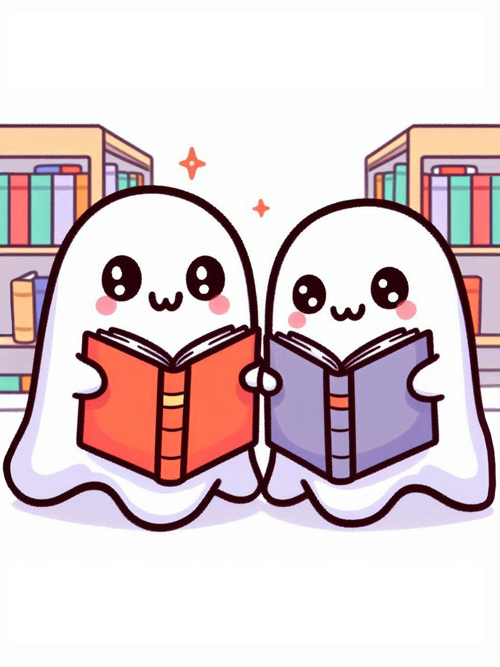 cute halloween drawings for kids 2: a charming image of two cute ghost characters enjoying books in a library setting, ideal for inspiring creativity in children during the Halloween season.